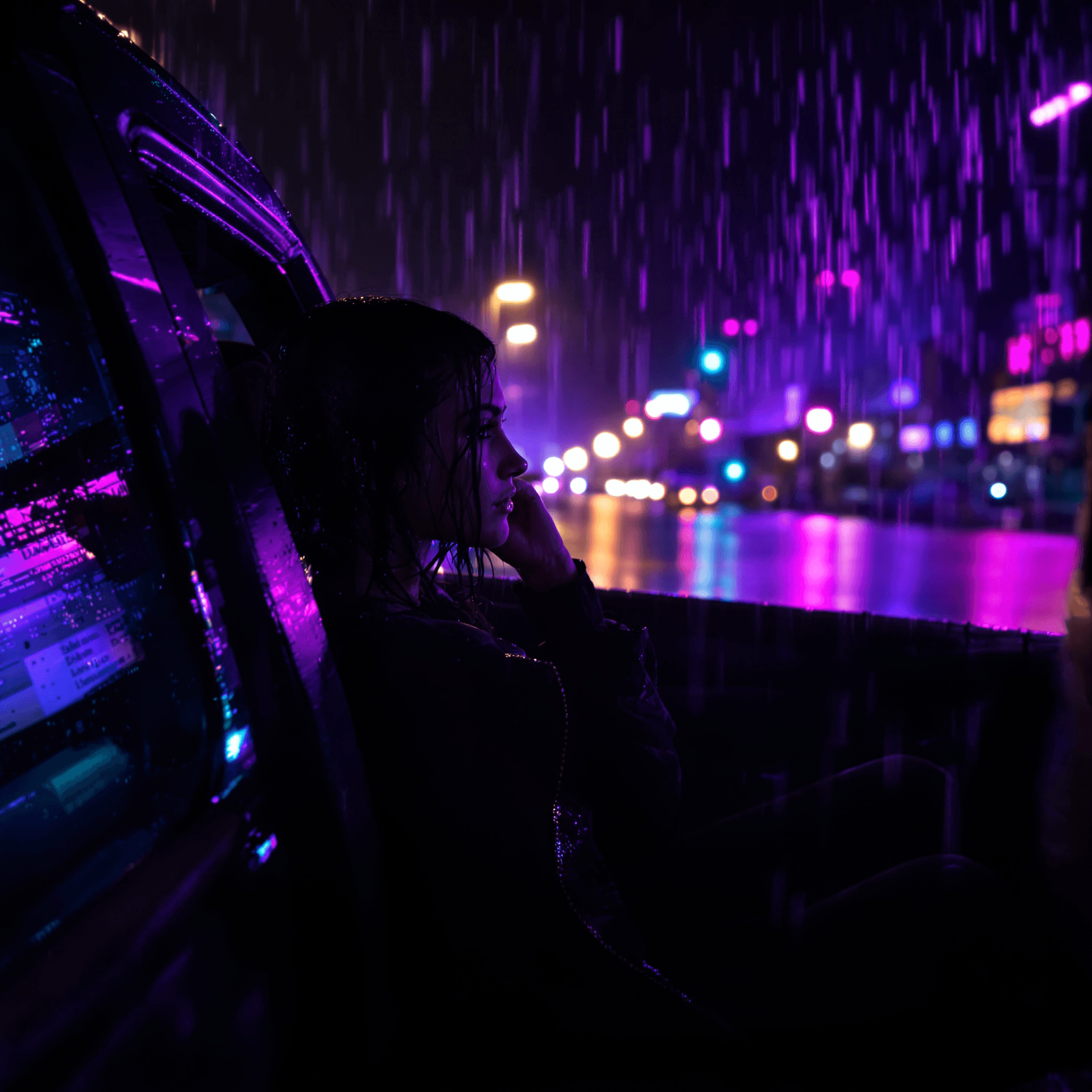 AI generated: A fashion editorial, front view, young woman sitting in car and looking out window in wet rainy nigh...