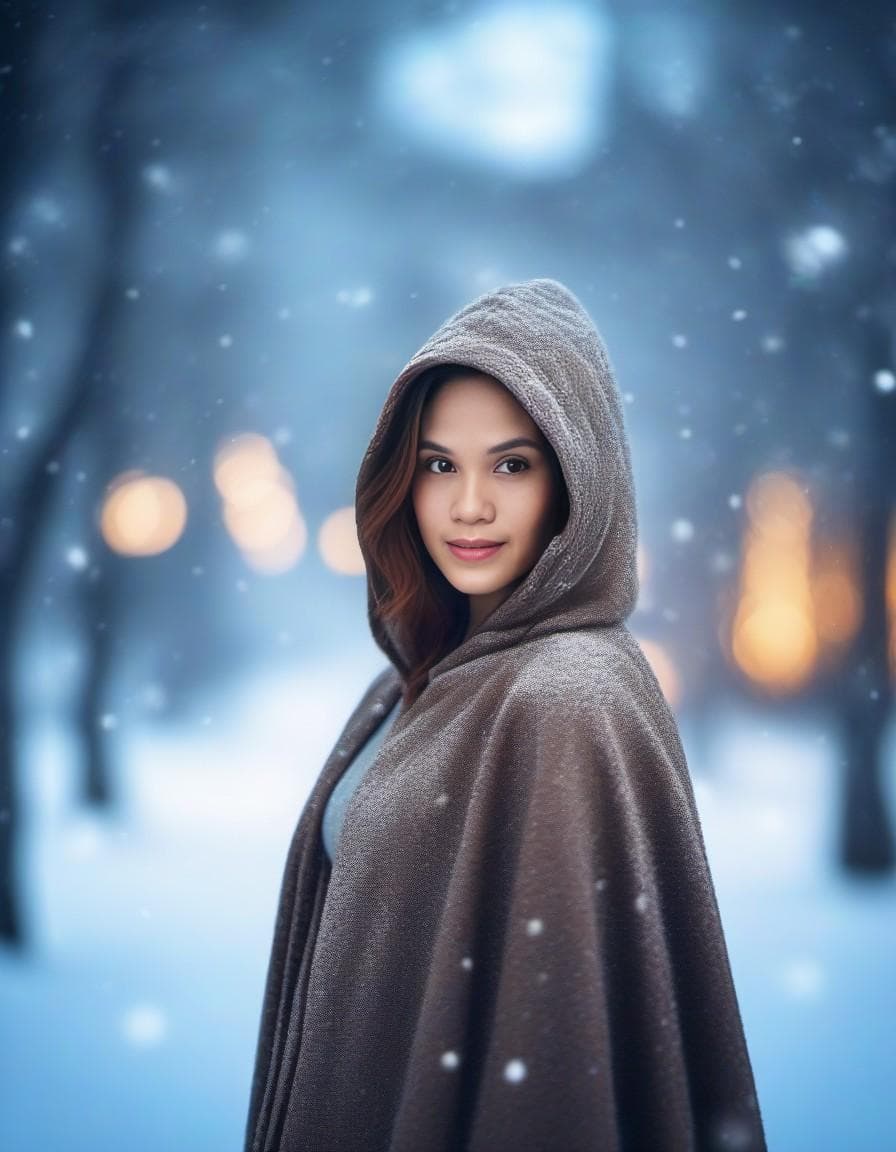AI generated: HDR photo of woman, ginger hair, (freckles:0.6) , light-blue eyes, perfect eyes, wearing a hooded cl...