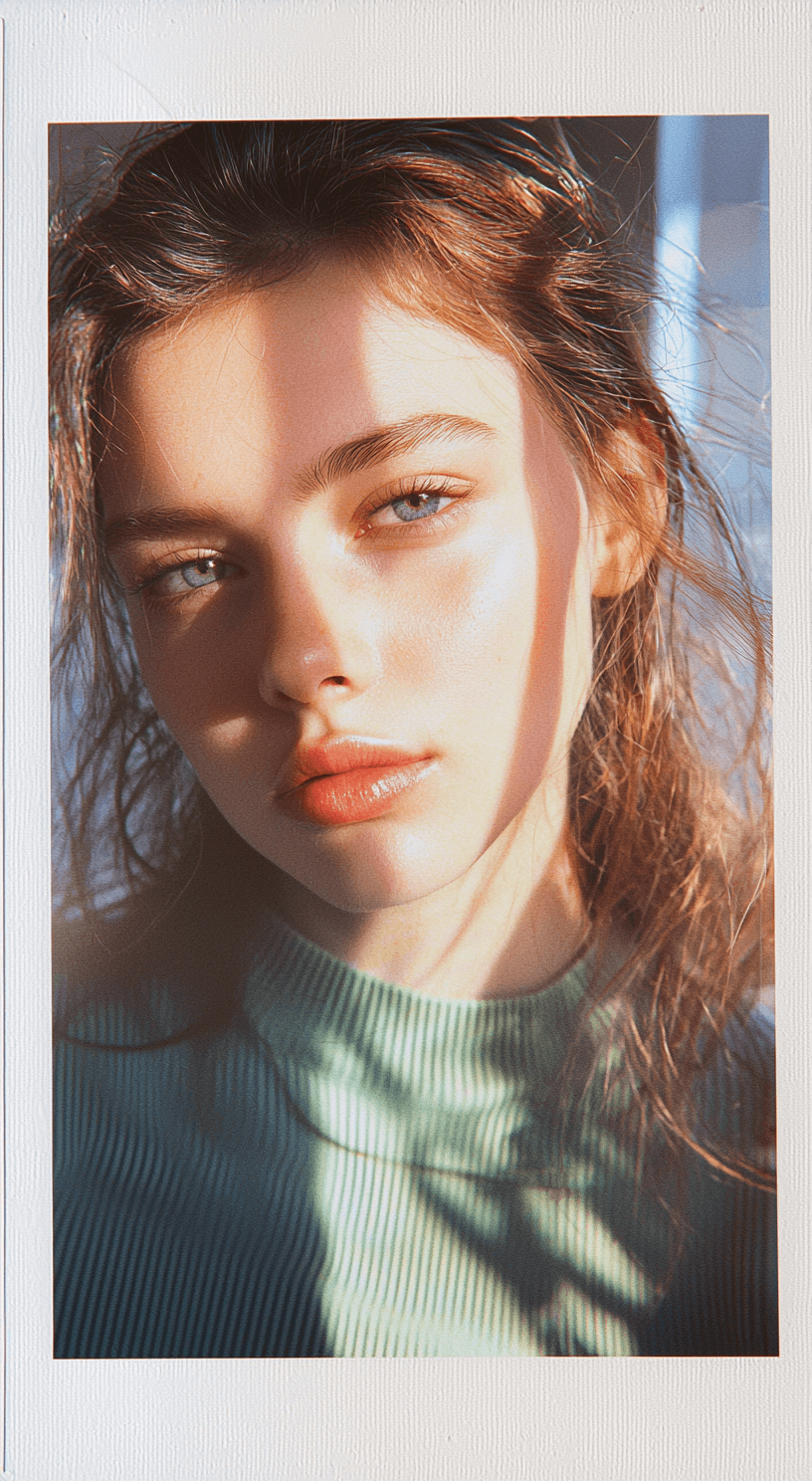 AI generated: A hyper-realistic, lifelike Polaroid proof of a Russian female model for a fashion shoot. She is cap...