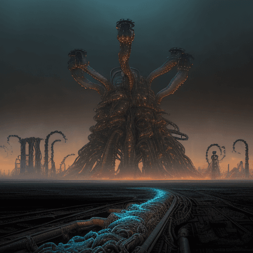 AI generated: A cold, desolate industrial landscape stretches endlessly, filled with metallic structures warped in...