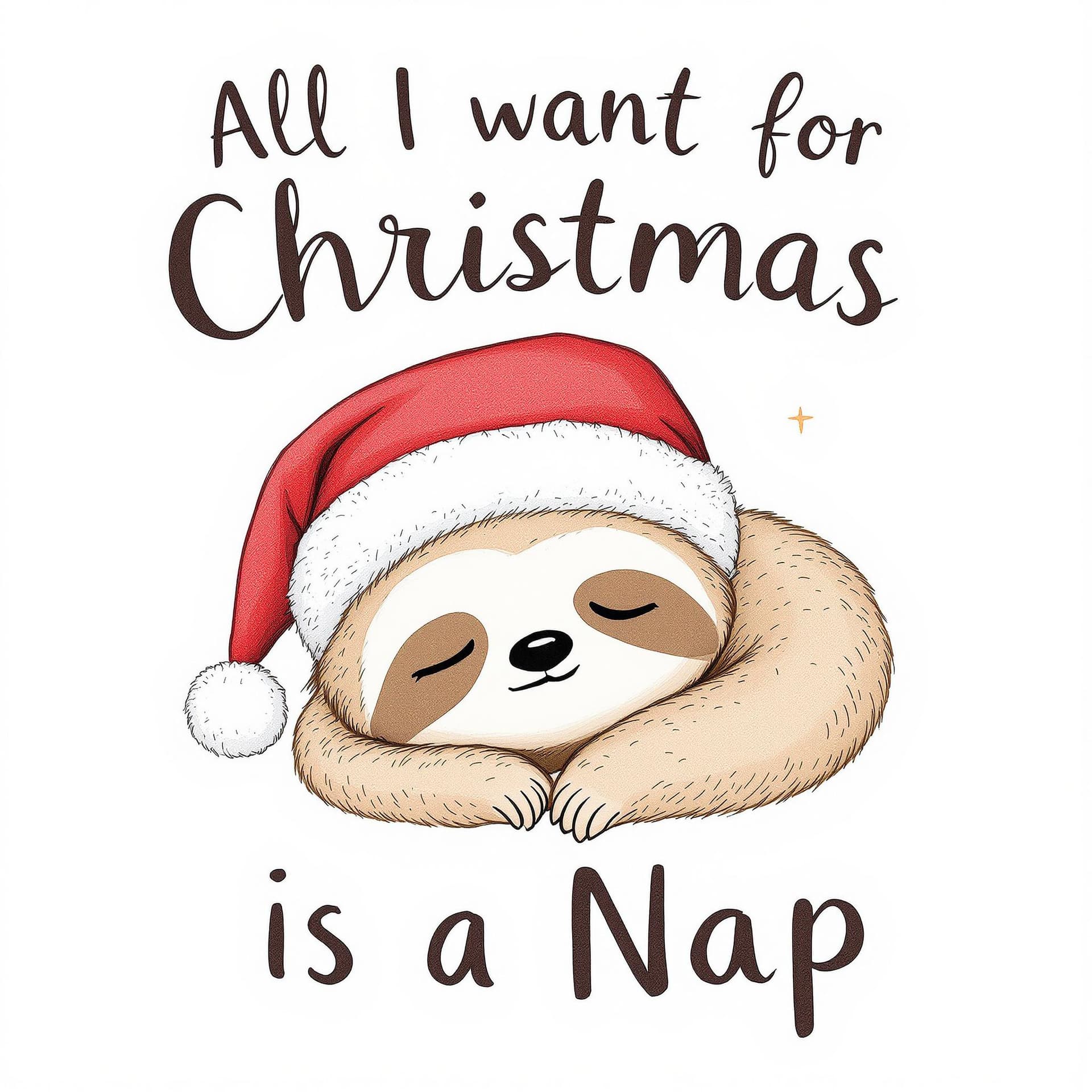 AI generated: Hand-drawn illustration of a sloth wearing a Santa hat sleeping.  Cute, cartoon-style sloth with a l...