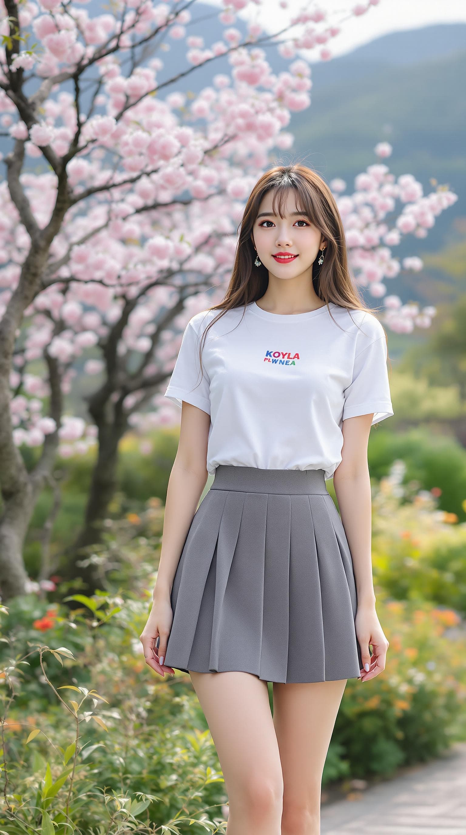 AI generated: a girl, Korean woman, korean ulzzang face, in a casual clothes, short sleeves and pleated mini skirt...
