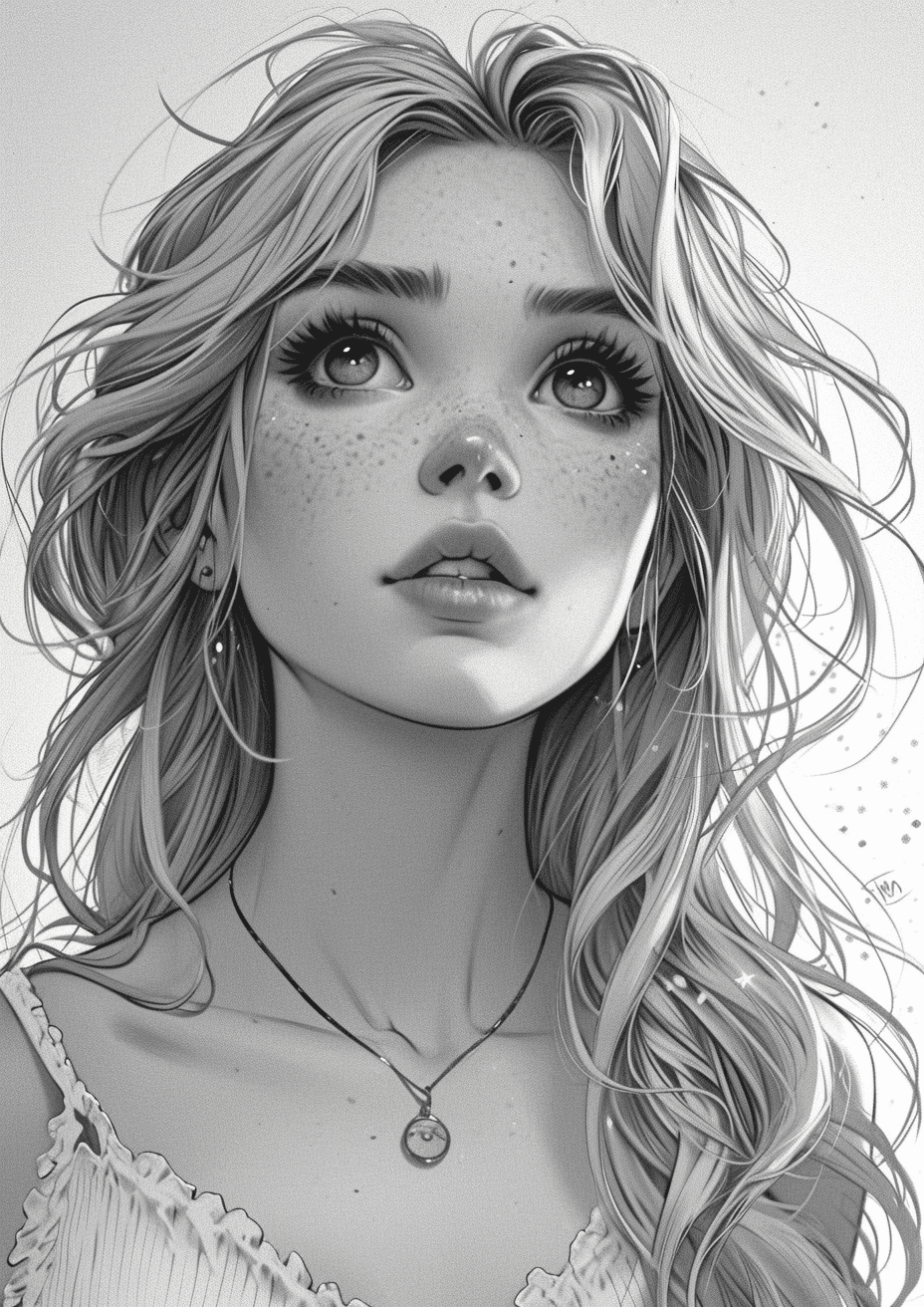 AI generated: drawing of a girl with long hair and big eyes, in the style of artgerm, todd mcfarlane, high quality...