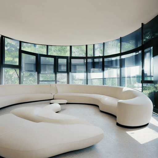 AI generated: futuristic minimalistic living room, panoramic window that wraps around one entire curved wall, invi...