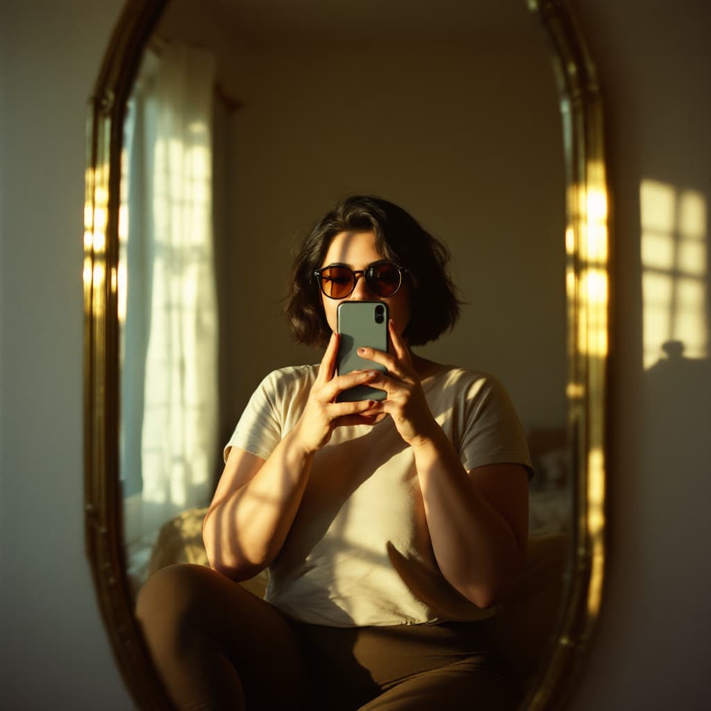 AI generated: hyper-realistic photo, plus size, round face handsome woman, sun glasses, photo on iphone 14 in mirr...