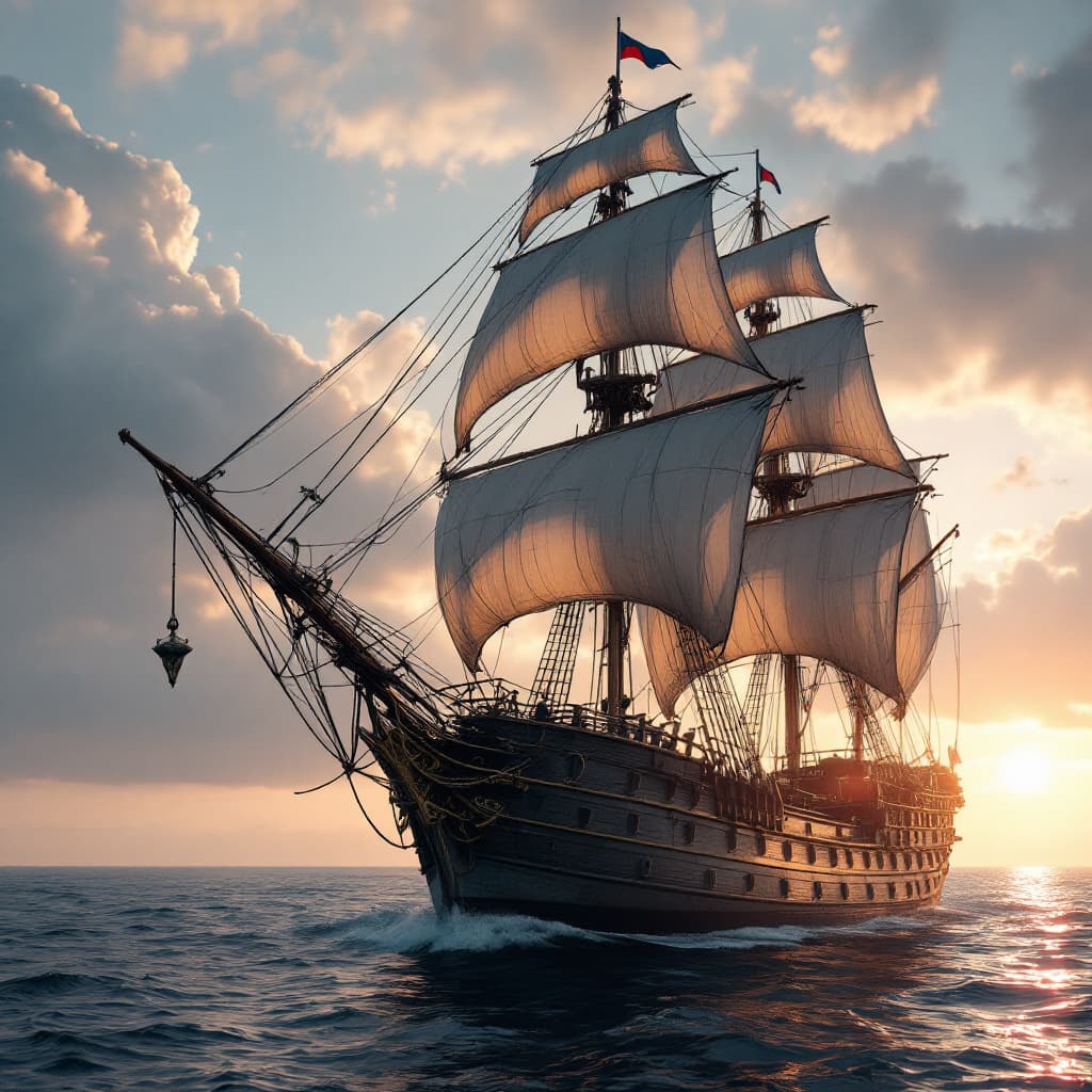 AI generated: Photo of a ultra realistic sailing ship, dramatic light, pale sunrise, cinematic lighting, battered,...
