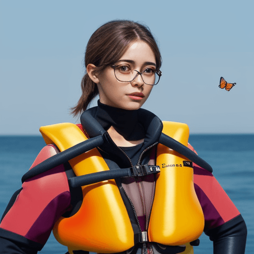 AI generated: only one character, a butterfly, non human, with glasses, with a lifejacket.