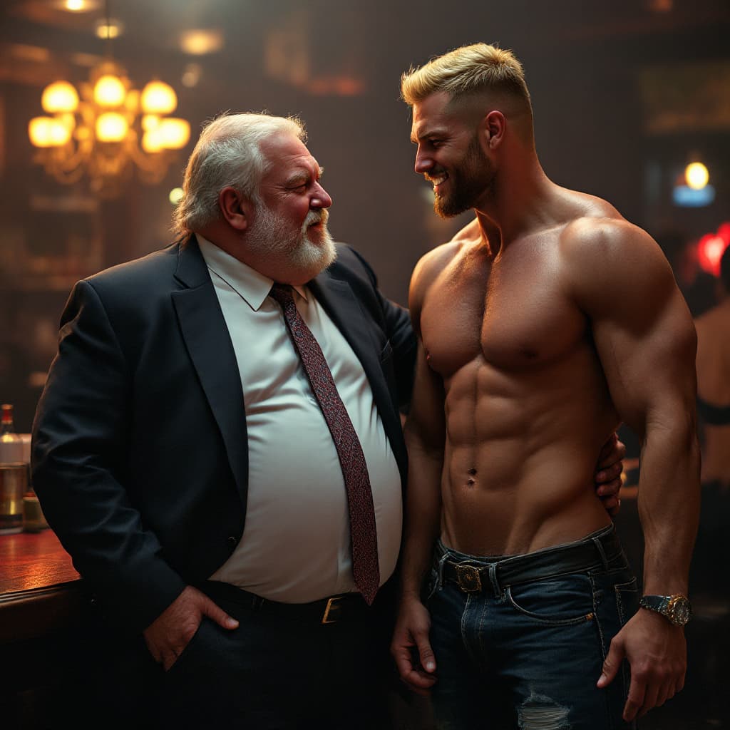 AI generated: high-resolution photo of a fat fat old man wearing a suit and tie, fondling extremely muscular young...