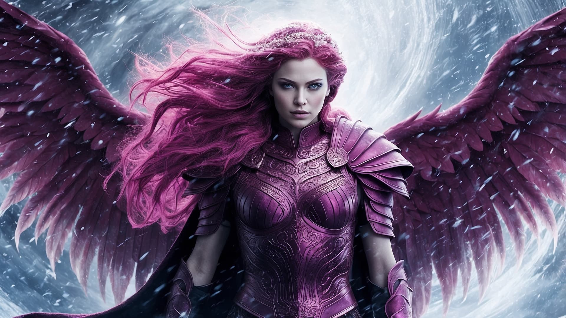 AI generated: A magenta-hued chilling valkyrie, her icy gaze piercing through the vibrant hue of her flowing hair,...