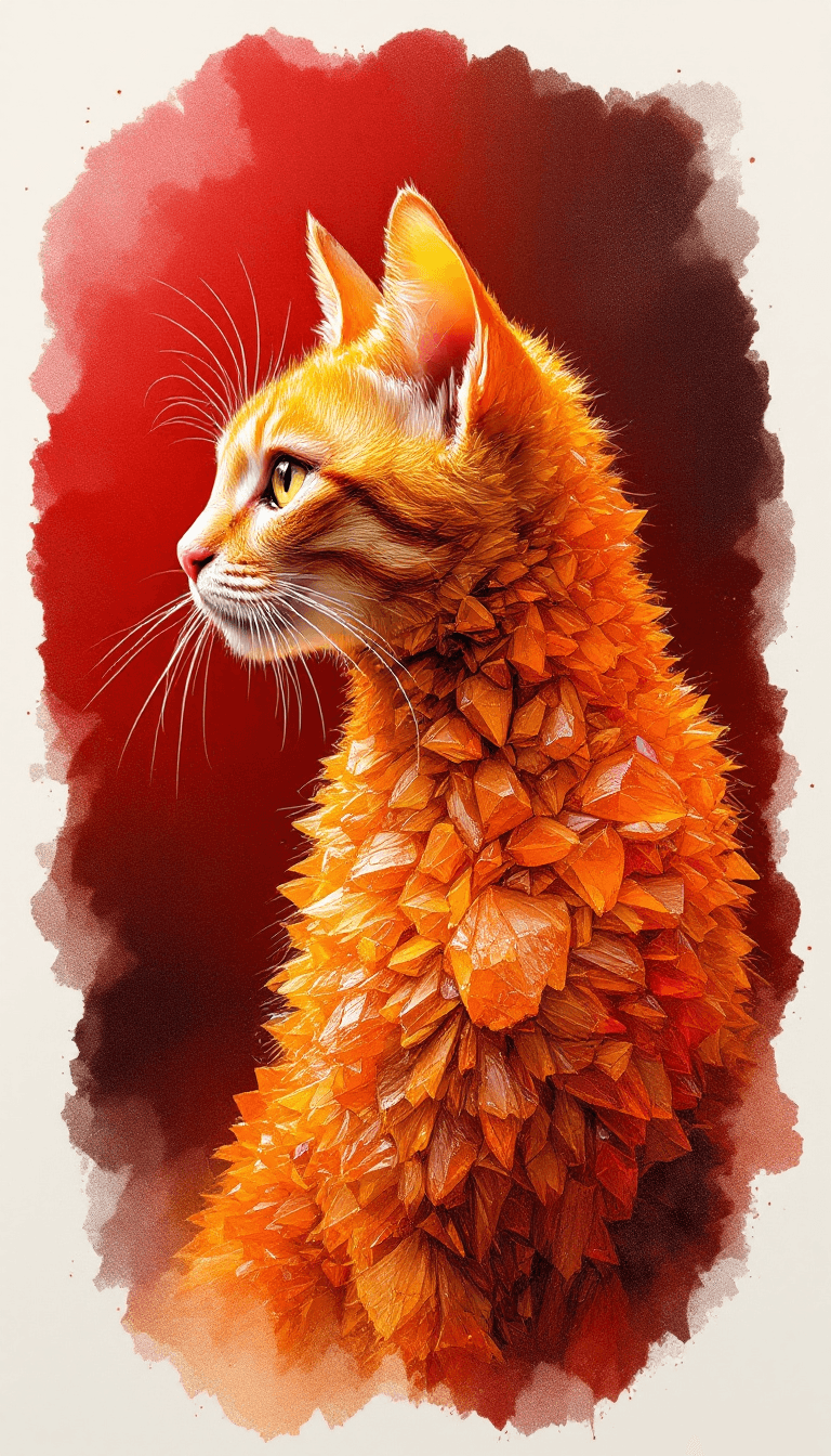 AI generated: A yellow tabby made from rough orange crystals, in profile, side view, surrealism, pencils, fashion ...