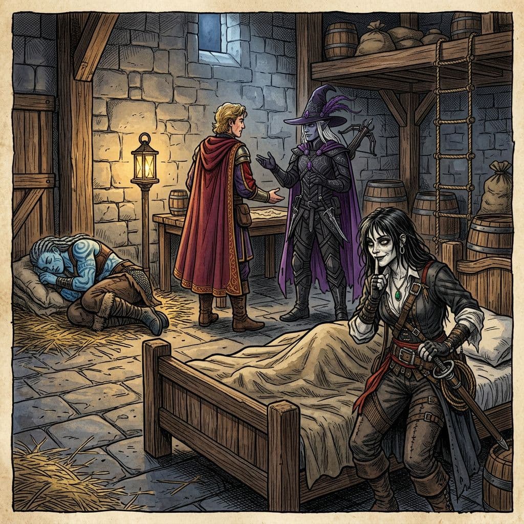 AI generated: a pale gaunt female bard quietly slips into the only bed in medieval hideout while an noble knight i...