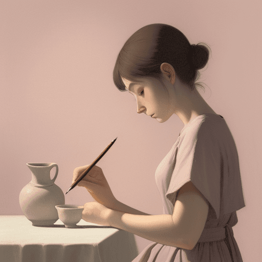 AI generated: A contemplative artist, sketching a still life, in the style of Felice Casorati, a muted palette, wi...