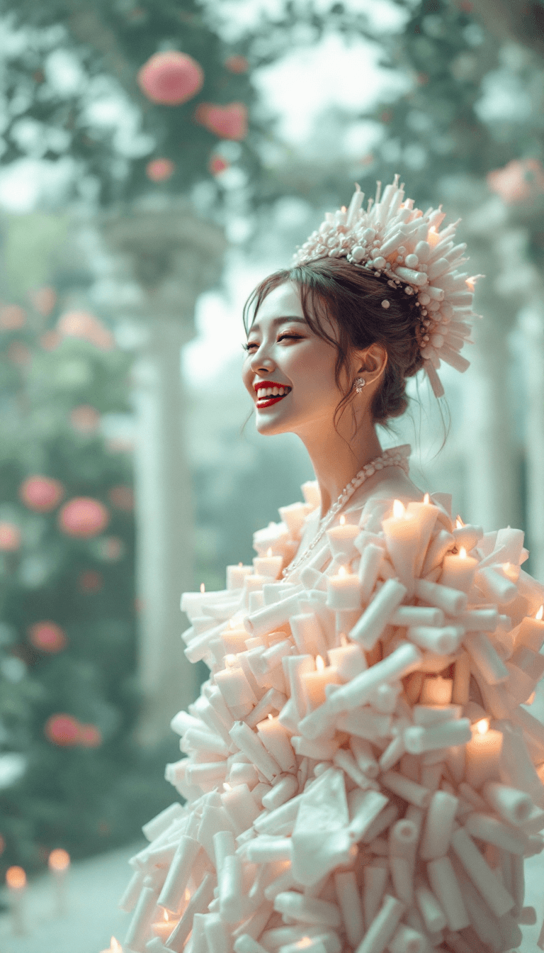 AI generated: candid closeup photo of a giggling eccentric japanese candle queen wearing a dress made of candles, ...