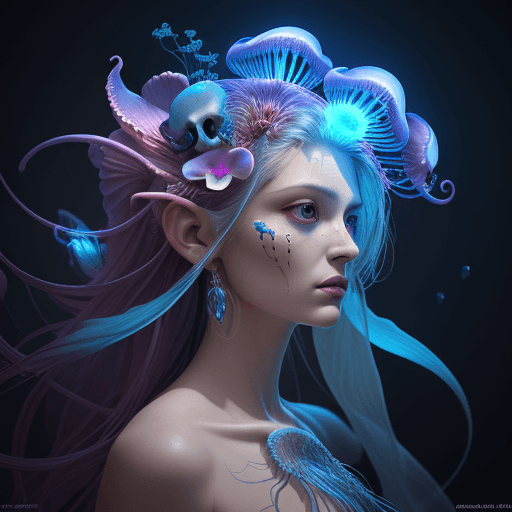AI generated: Goddess close-up portrait ribcagel. jellyfish phoenix head, nautilus, orchid, skull, betta fish, bio...