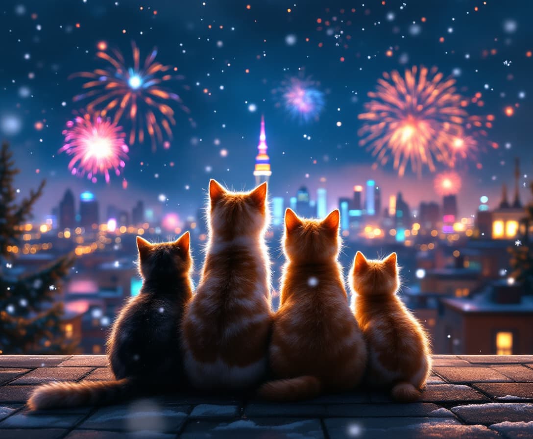 AI generated: Godreal color photo Adorable cat family sitting on a rooftop, showing their backs to the viewer whil...