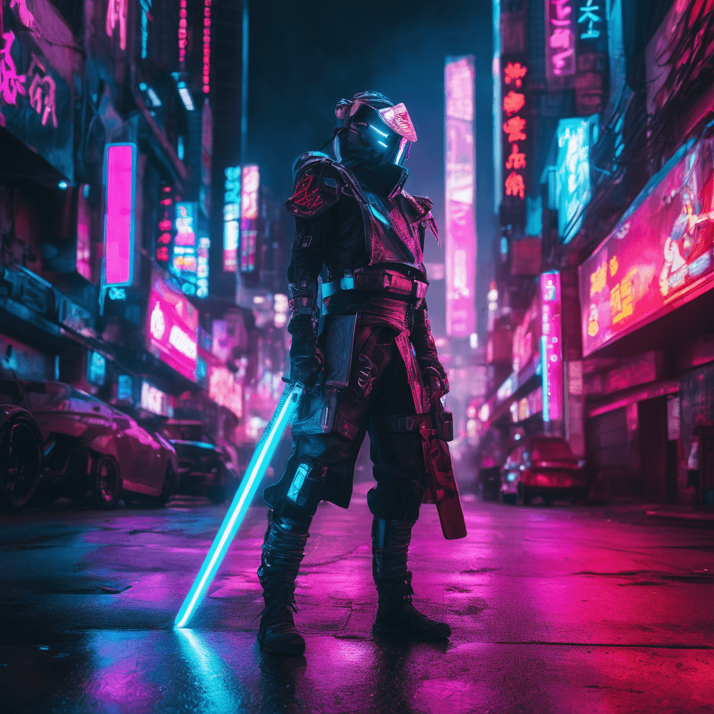 AI generated: Cimematic shot,A futuristic cyberpunk street samurai, covered in high-tech armor and wielding a plas...