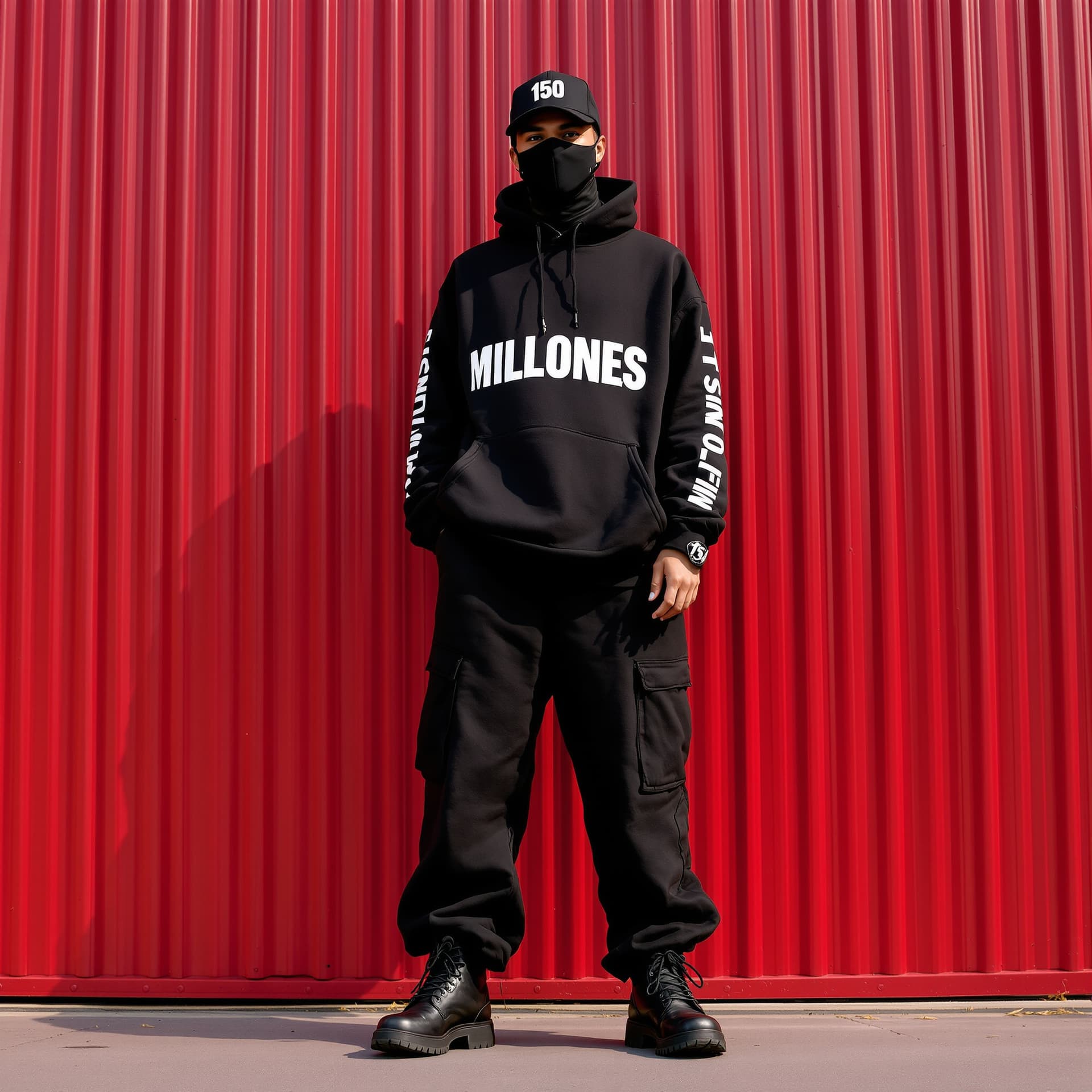 AI generated: MILITARY THEME WEARING. A FACE MASK , BLACK OS STYLE capturing a casual yet stylish vibe, a figure i...