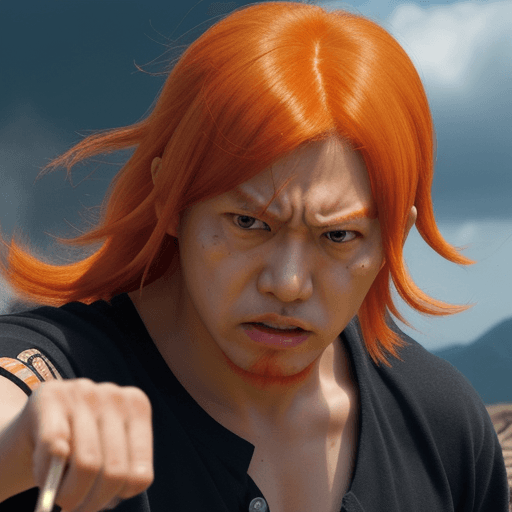 AI generated: Hirono with orange hair, a hamer on his hand, angry look and a war background