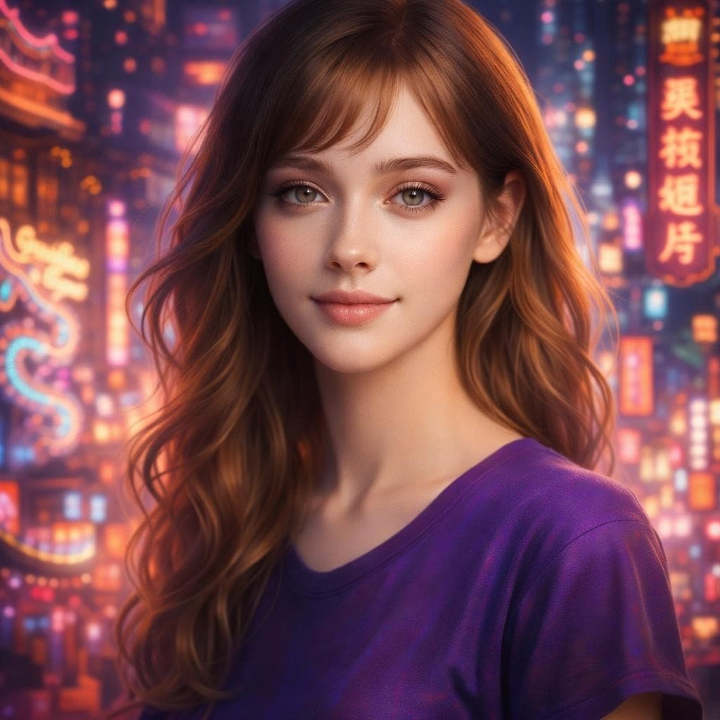 AI generated: a girl in a purple top in a neon city, in the style of chinapunk, iconic album covers, soft-focus po...