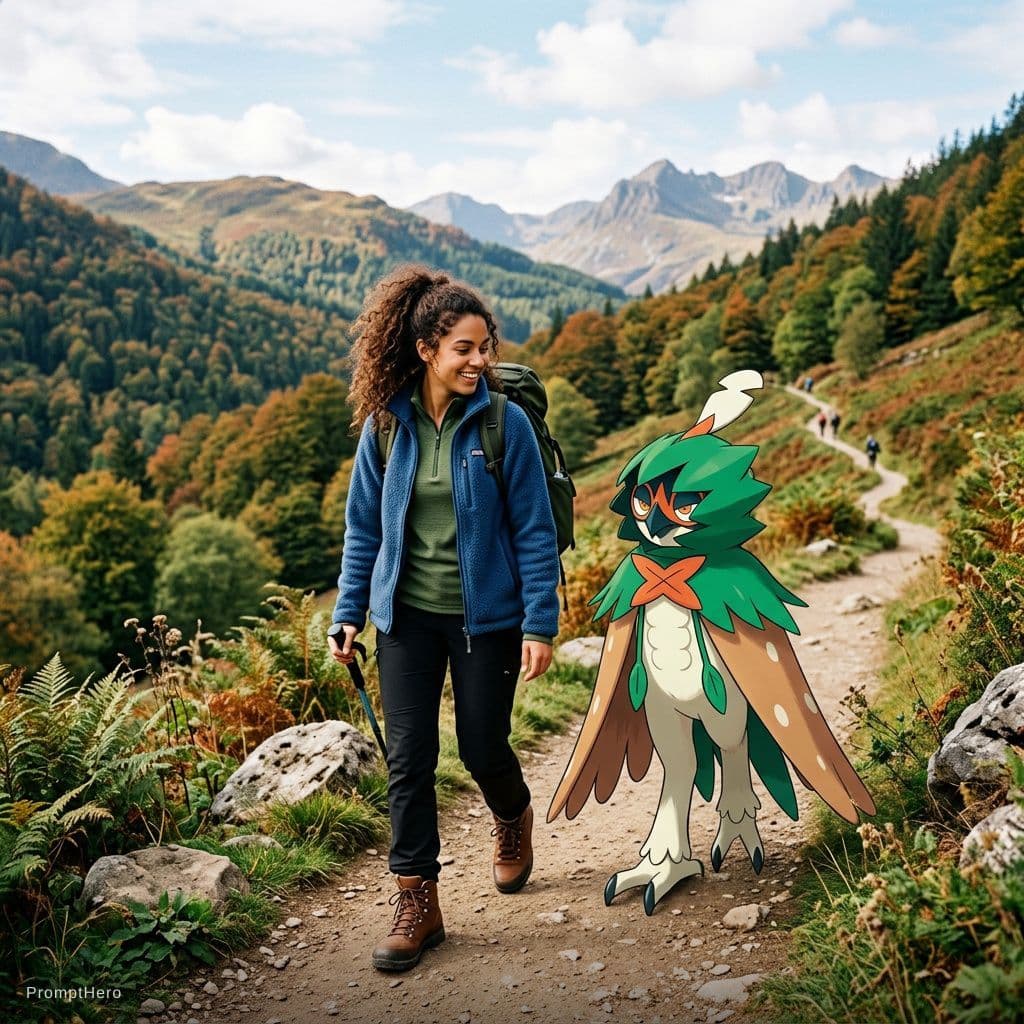 AI generated: a decidueye with a trainer wearing a blue fleece a green top black walking trousers and walking boot...