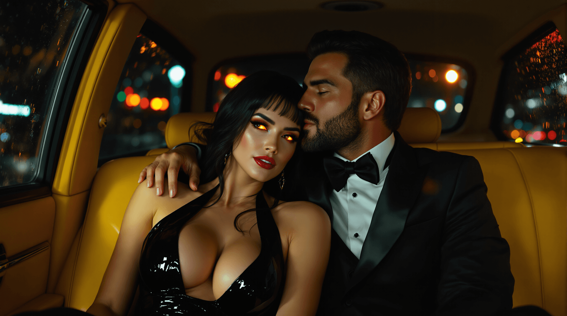 AI generated: Interior of a yellow cab at night. A Caucasian couple (Lilith and Jon) in the back seat. Lilith (plu...