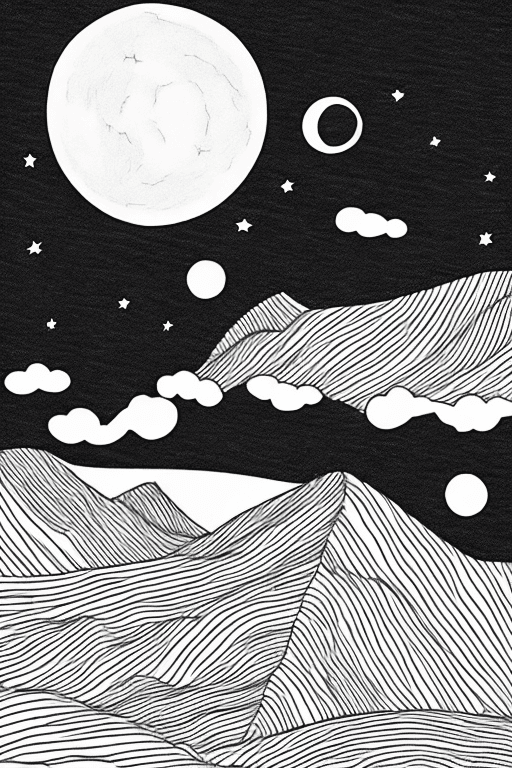 AI generated: 
landscape with moon, black lines white background, coloring page for beginners, simple, minimalist