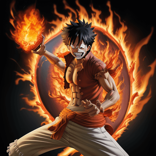 AI generated: One piece Luffy gear 5 in incendiary display of fire enveloping bending to his will, vibrant colored...