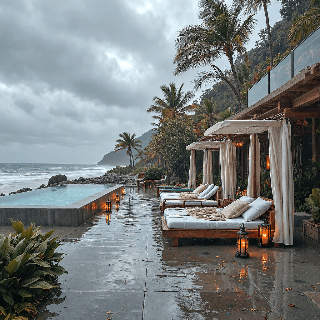 AI generated: A serene coastal lounge under an overcast sky, with thick clouds blanketing the horizon and casting ...