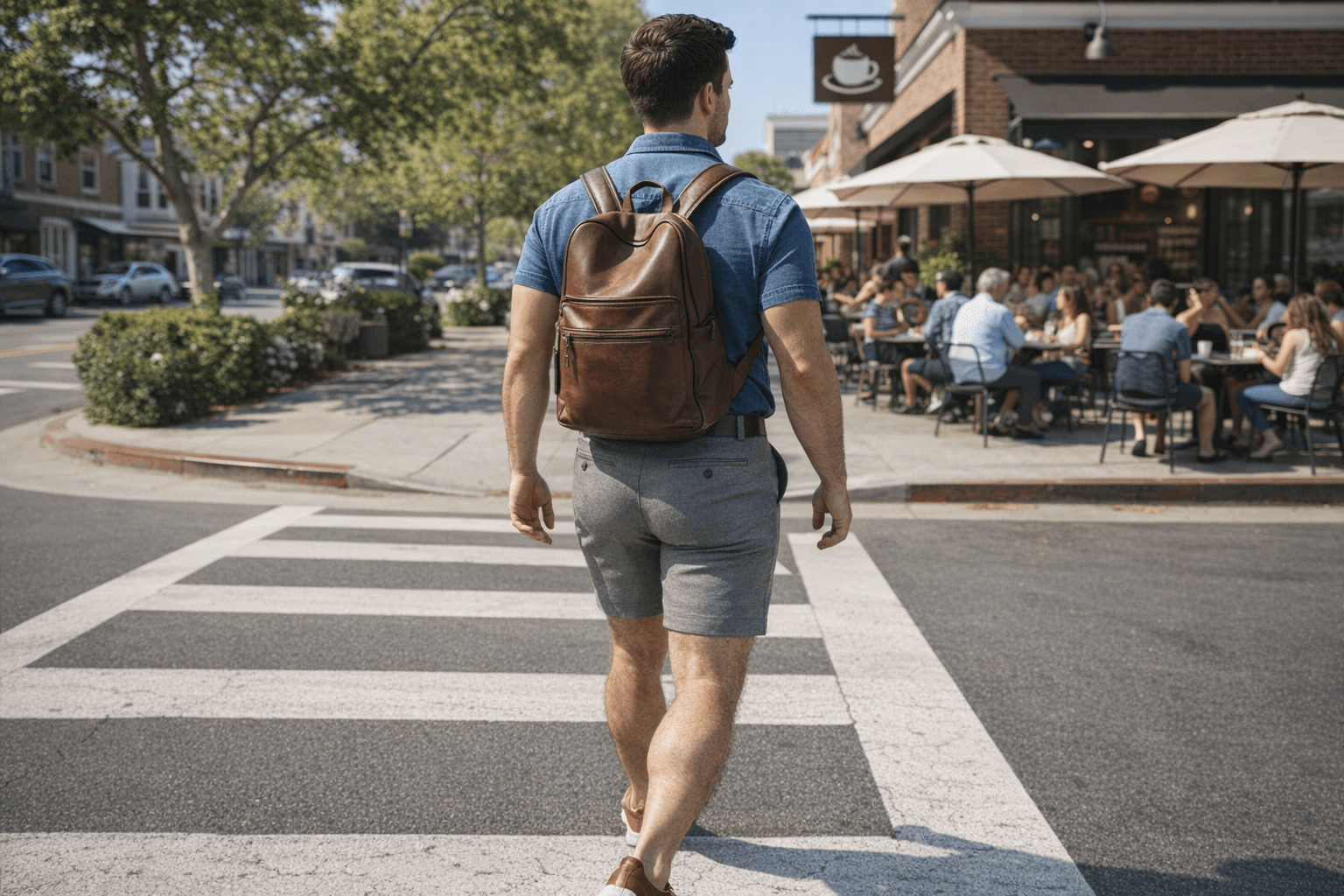 AI generated: In a sunny morning at a nice neighborhood. The model is crossing the street towards a  coffee shop f...