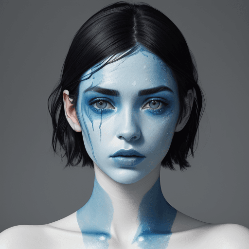 AI generated: A portrait of an attractive woman with white paint on her face and neck, blue hands made from ice co...