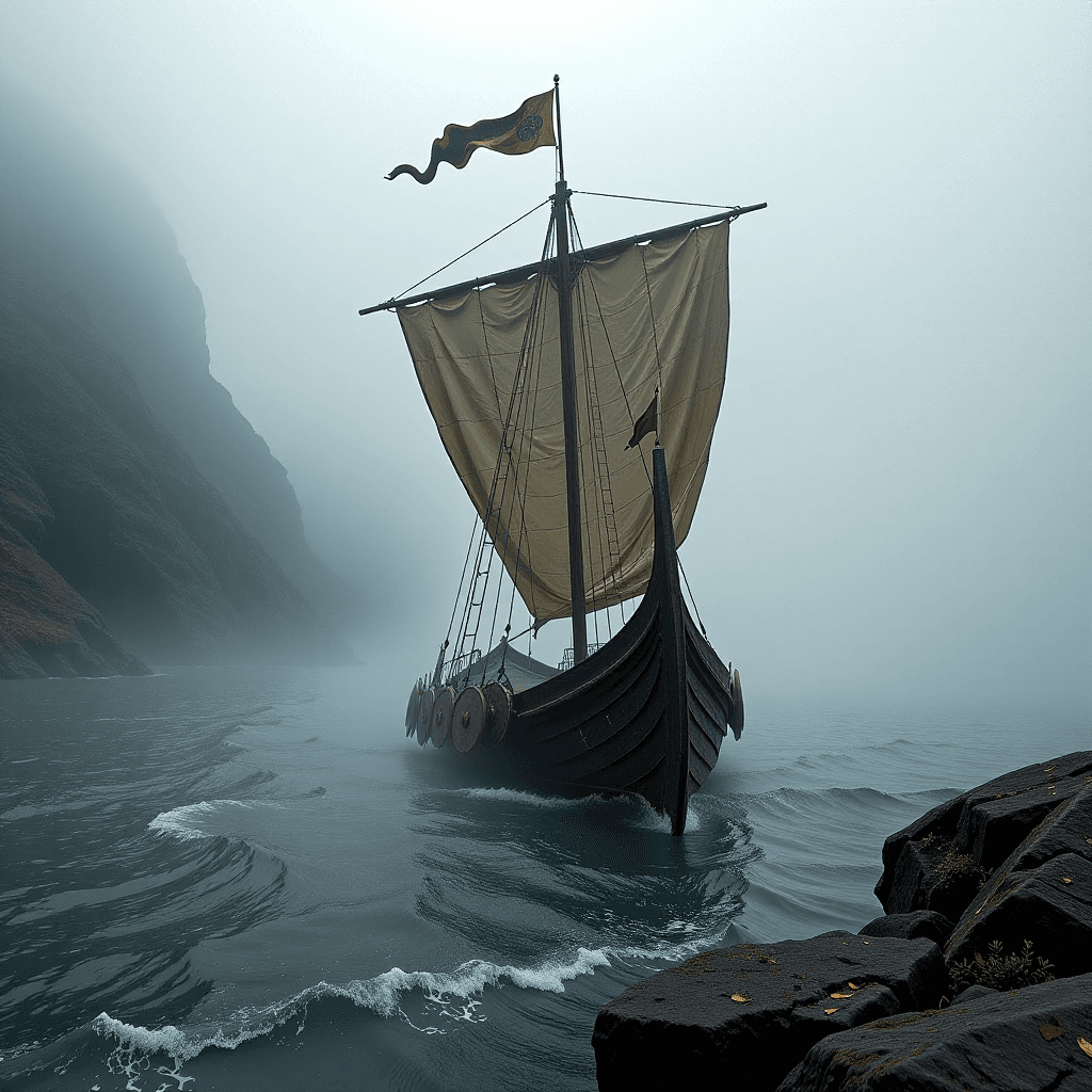 AI generated: A weathered Viking longship emerging from a thick coastal fog, shields lining the hull, moody and at...