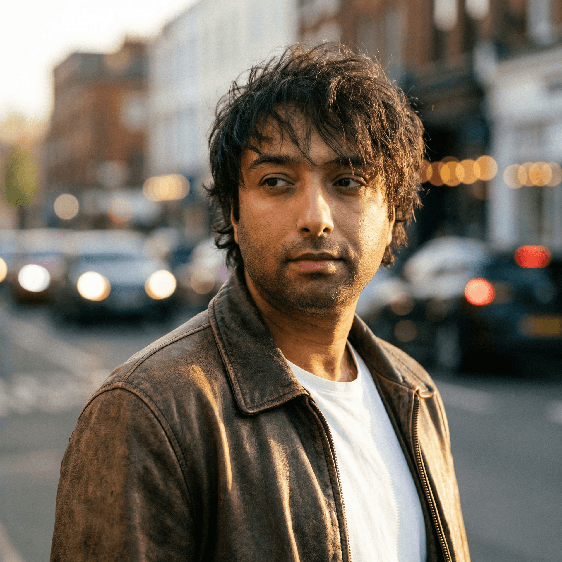 AI generated: handsome male indie pop artist, soft golden hour sunlight, messy textured hair, vintage leather jack...