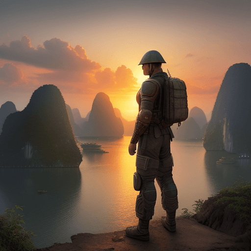AI generated: Hero stands at sunset in vietnam and looks into the distance, in dynamics, highly detailed, packed w...