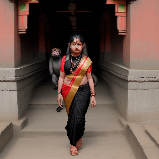 AI generated: A typical newari lady going to pashupatinath temple, too much crowd, lady wearing black saree with r...