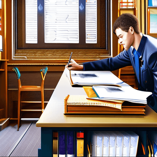 AI generated: Male student, classroom, sitting in a chair, desk, papers on desk, holding a pencil in hand, high sc...