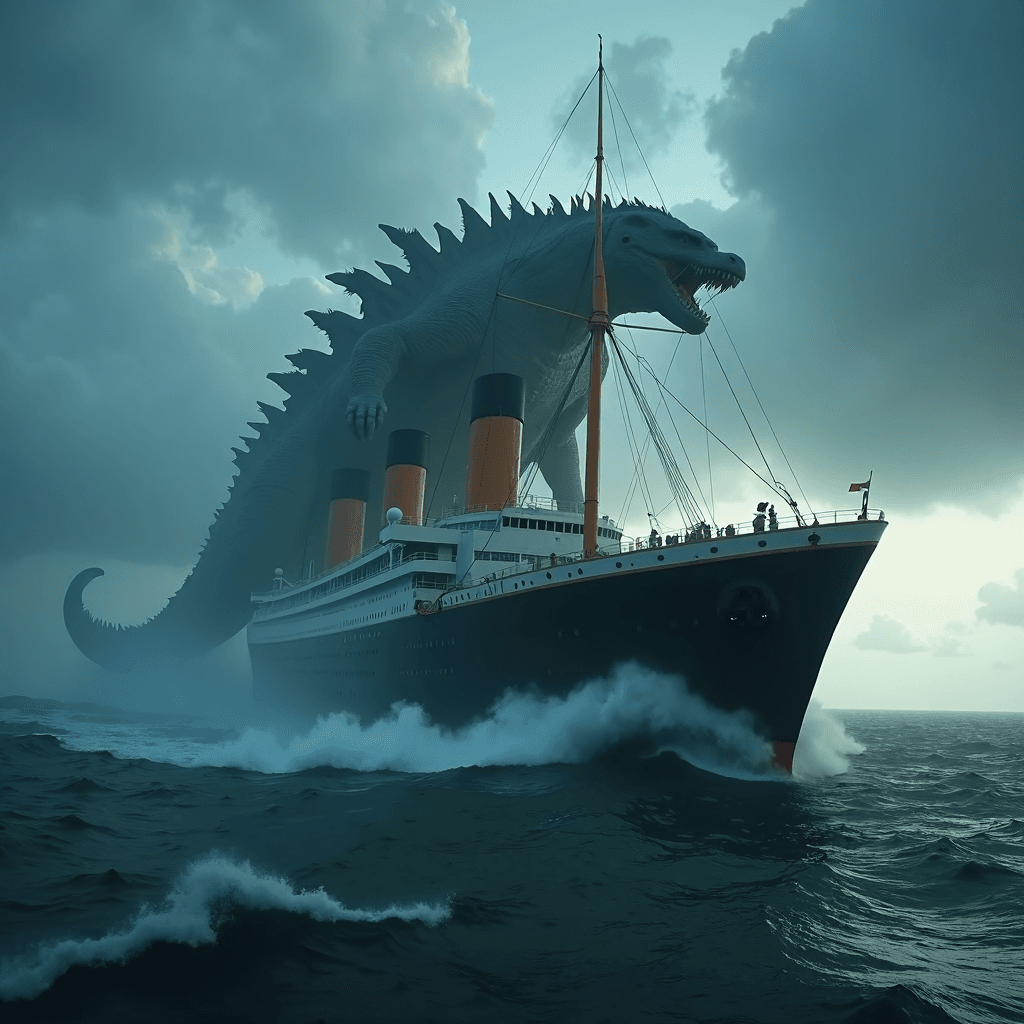 AI generated: cinematic footage film still of a giant godzilla attacking a TITANIC in the ocean,emerging from the ...