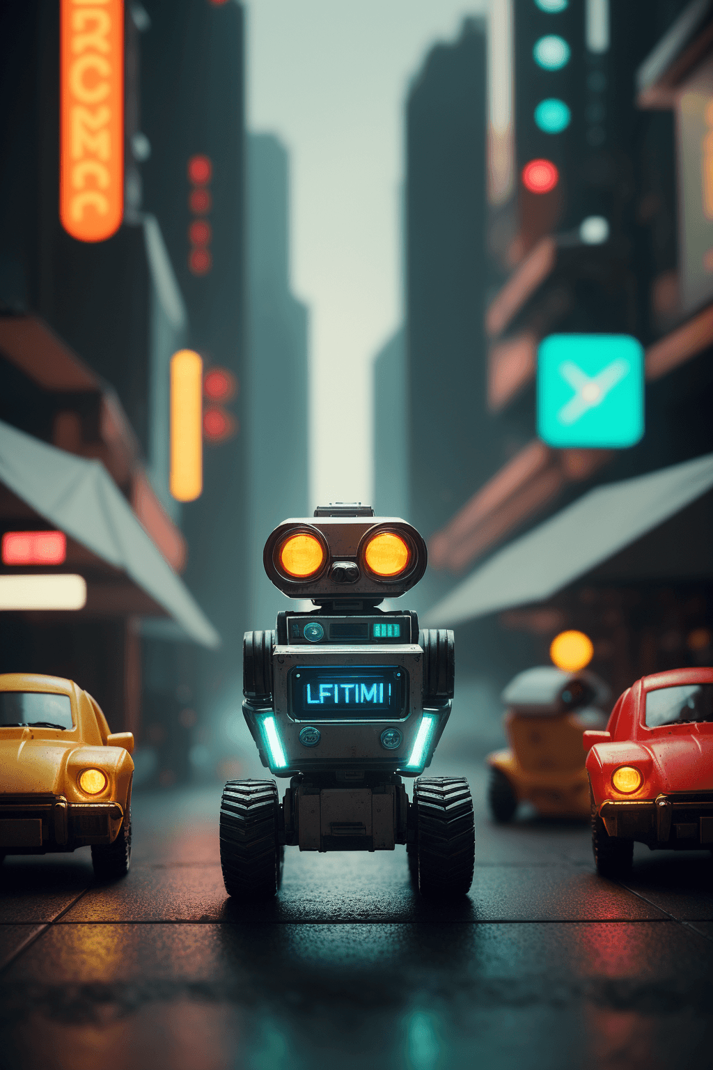 AI generated: dramatic light 50mm film photography, sci-fi futuristic luxury district, small cute mechanical robot...