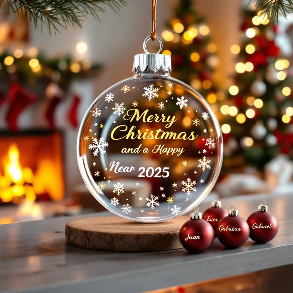 AI generated:  a translucent crystal ornament with beautiful snowflakes and the name "Merry Christmas and a Happy ...