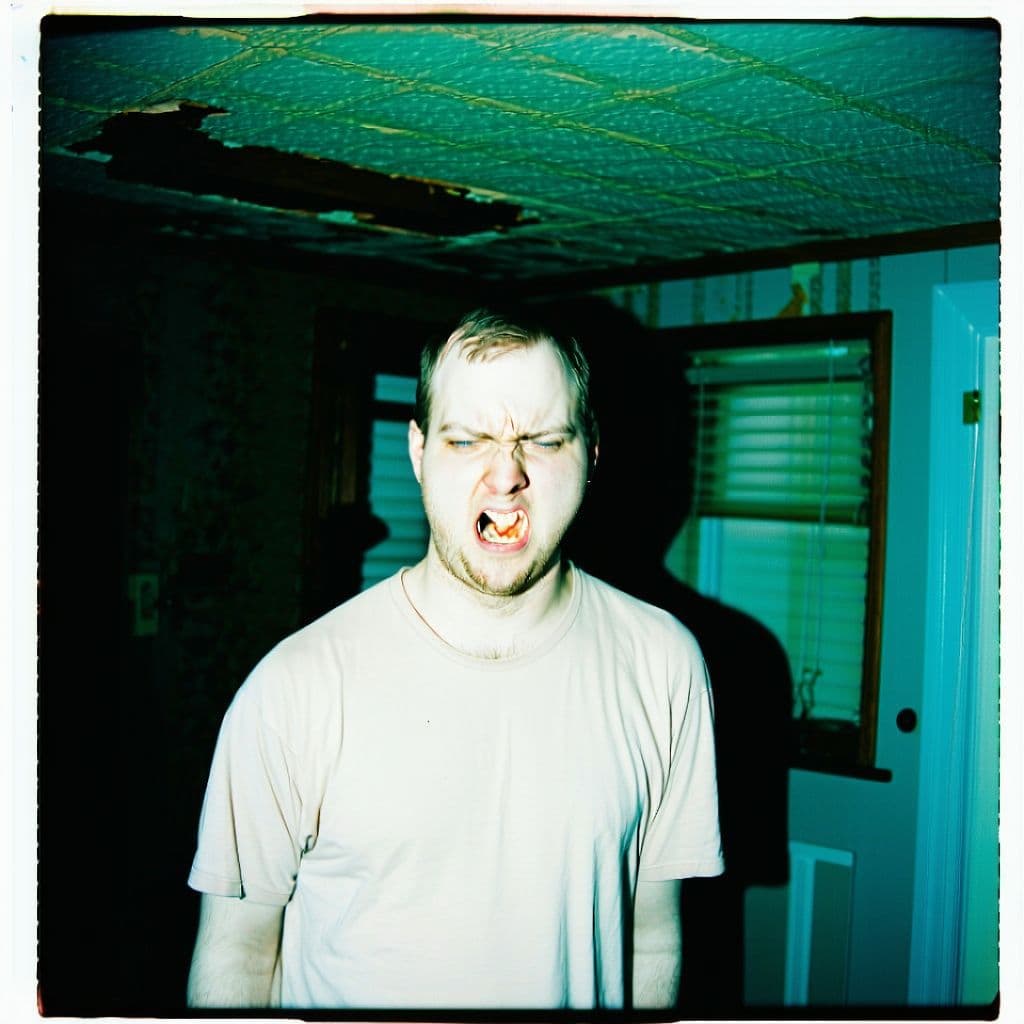 AI generated: grainy 80's photograph quality polaroid of the angriest and creepiest man caught in an abandoned hou...
