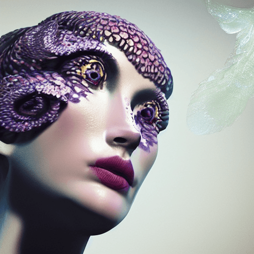 AI generated: goddess close-up portrait ribcagel. jellyfish phoenix head, nautilus, orchid, skull, betta fish, bio...