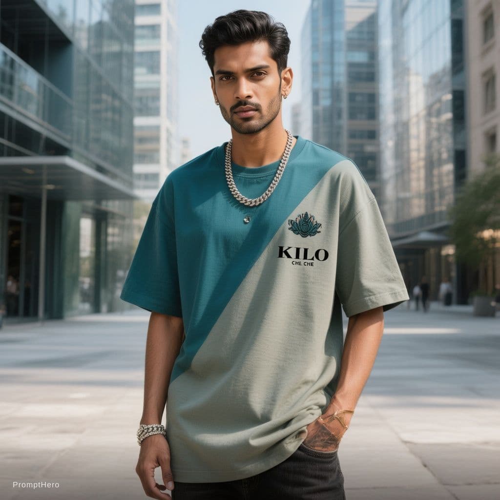 AI generated: Ultra-realistic luxury fashion campaign for KILO CHE clothing brand, stylish Indian male model weari...