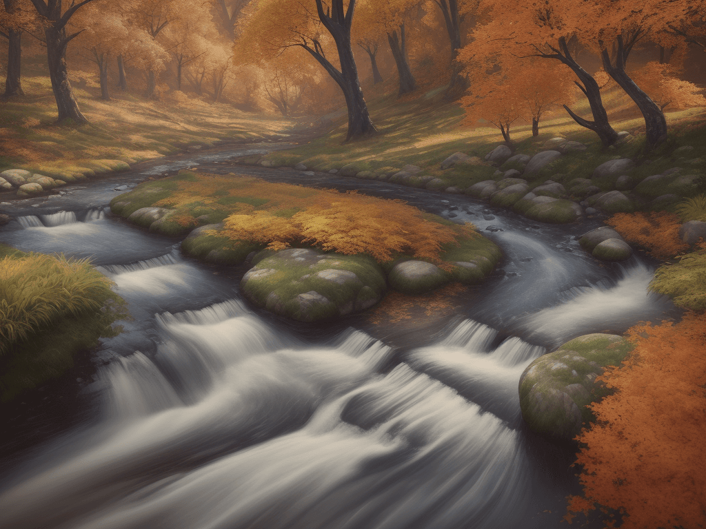 AI generated: photorealistic oil on canvas, 
small hills, flowing river, trees,
beautiful setting, fall,
Foregroun...