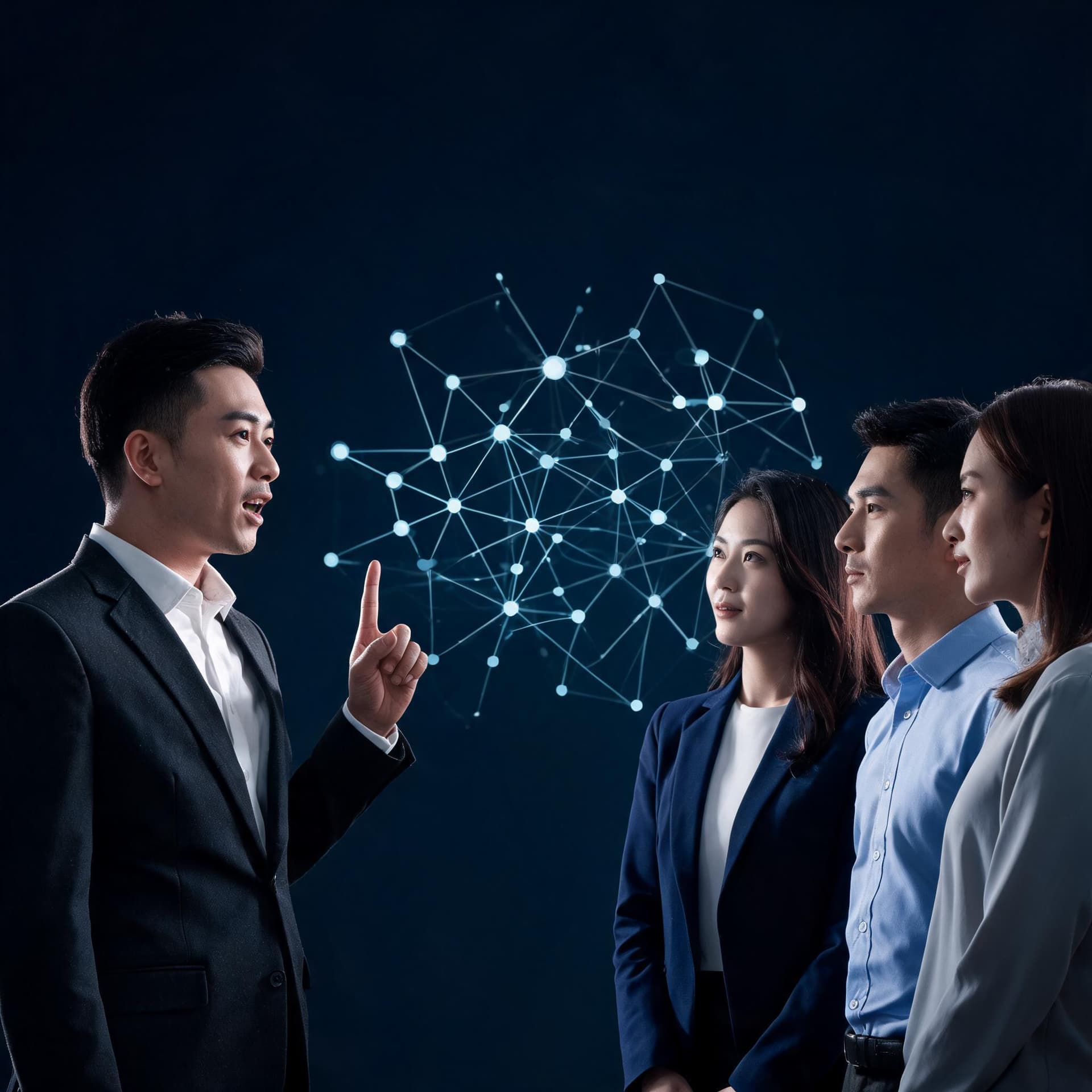 AI generated: A cinematic, realistic photo of a business presentation scene with four real people against a dark b...