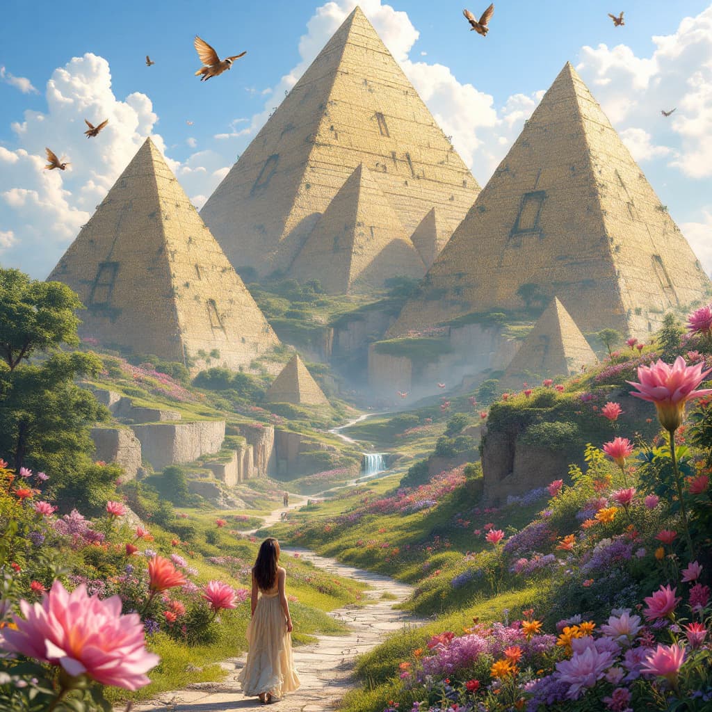 AI generated: It is a fascinating world with floating pyramids that can be seen through, flying dogs, beautiful pe...