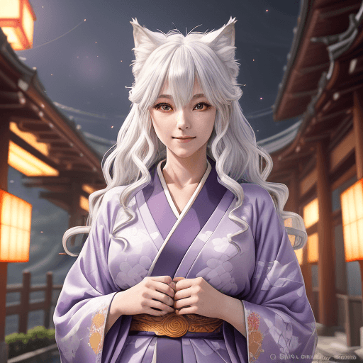 AI generated: a happy beautiful white-haired anime wolf girl wearing purple kimono, wavy hair, anime, beautiful fa...