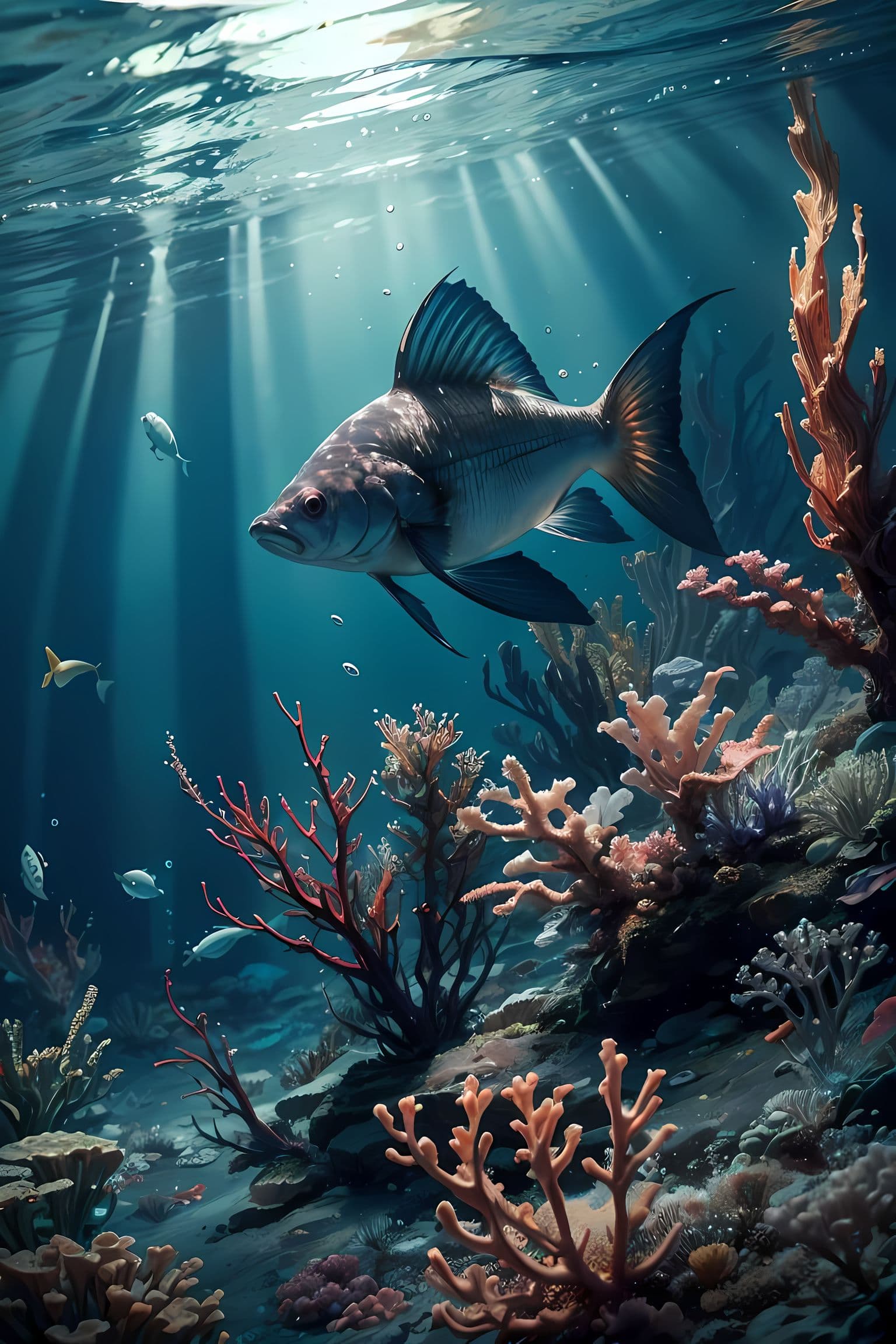 AI generated: (underwater scenery:1.3), luminous fish, Fish glowing in red and blue, hyper emotional, 32k UHD reso...