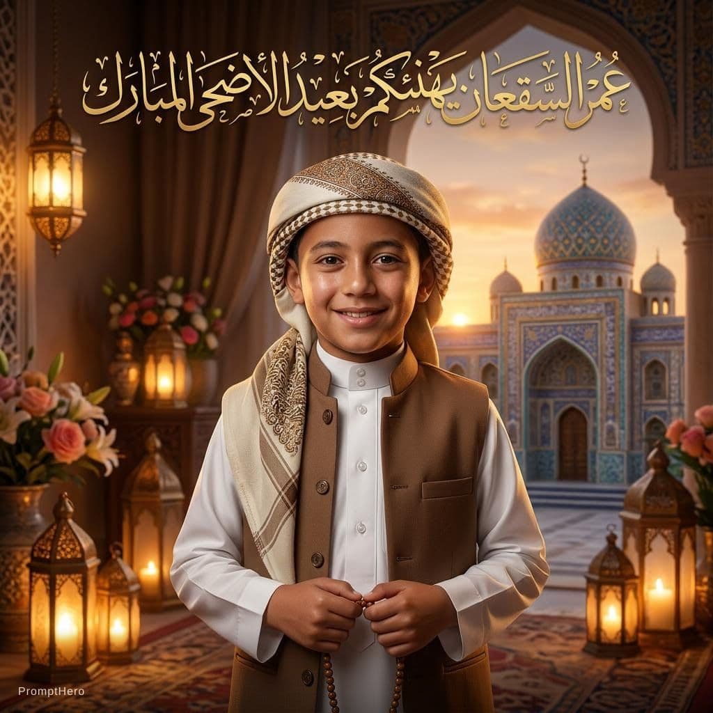 AI generated: Ultra realistic cinematic portrait of an Egyptian boy standing confidently and smiling warmly, elega...