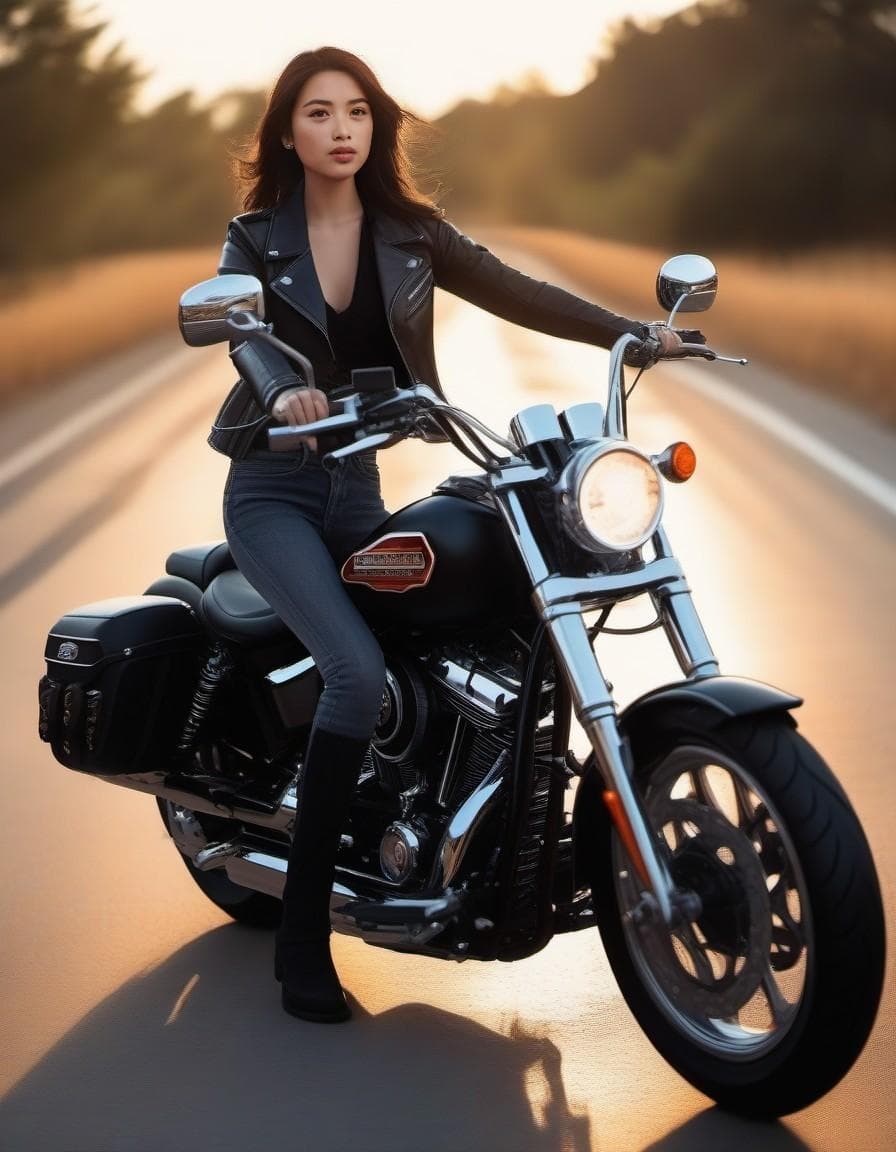 AI generated:  picture ultra realistic biker on a harley davidson motorcycle on the road 66 sunset side view --ar ...