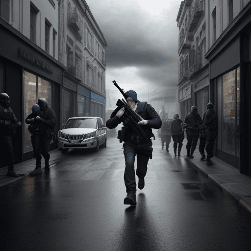 AI generated: Photo of a ultra realistic thief robbing a shop with a shotgun in a cloudy a dramatic day and people...