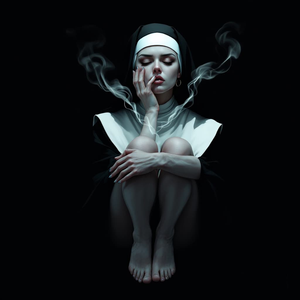 AI generated: Comic book cover illustration, full body shot of a white-haired nun, smoking, knees up, apathetic on...